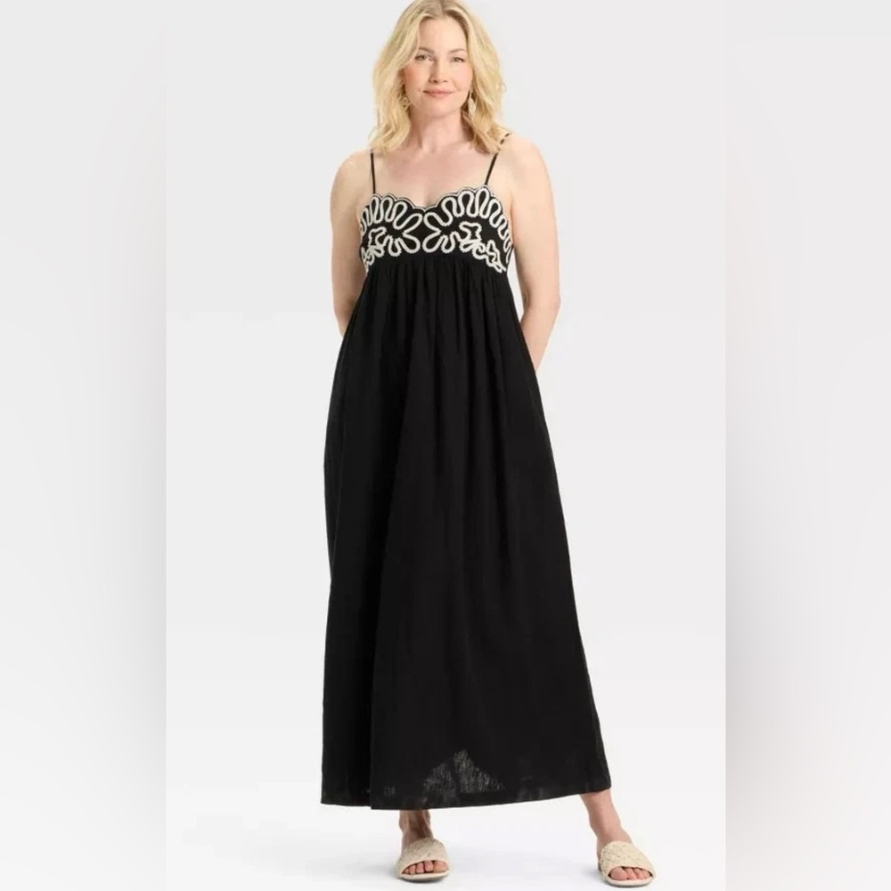 Women's Crewel Maxi A-Line Dress Embroidery & Pockets - A New Day Black XL